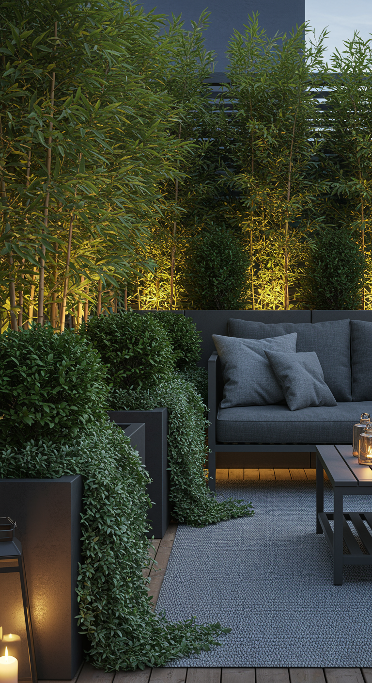 Moderne graue Lounge-Möbel auf einem Balkon vor einer hohen Bambuswand, zusätzliche grüne Pflanzen.