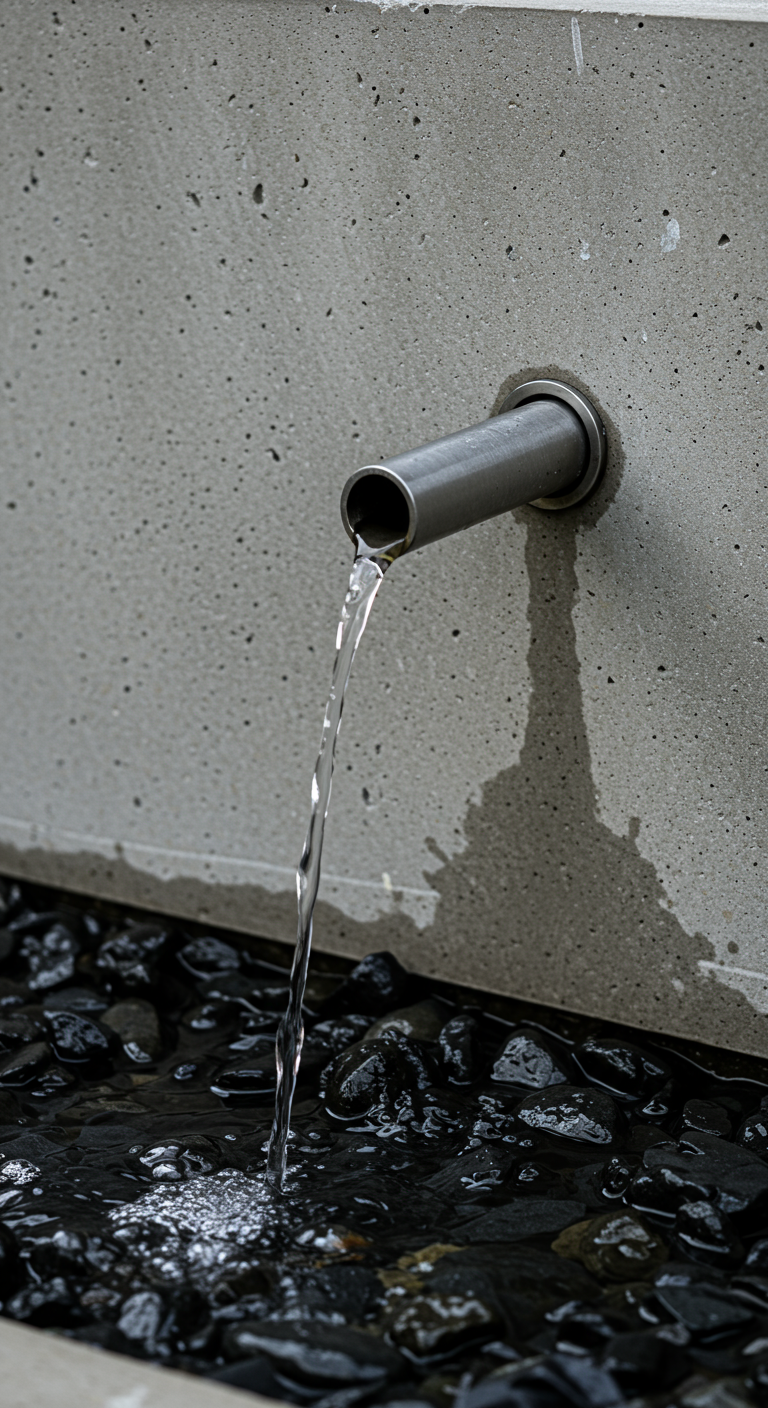 Wasser fließt aus einem Rohr in einer Betonwand auf dunkle Kieselsteine