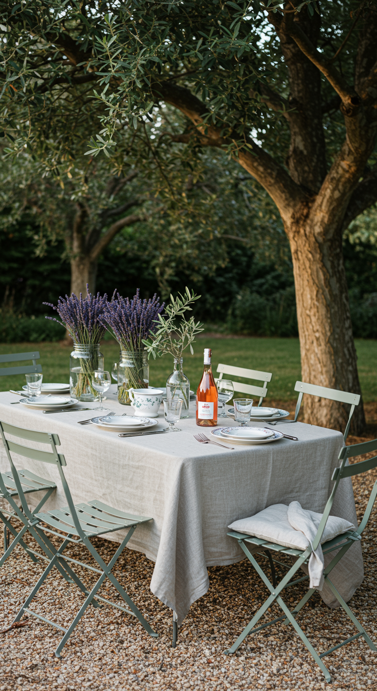 Gartentisch mit Leinentischtuch, Lavendel in Vasen und Roséwein unter einem Olivenbaum.