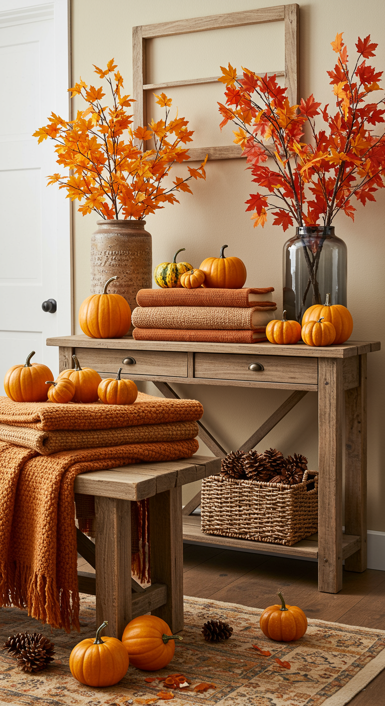 Herbstlich dekorierter Flur mit Konsole, Bank, Kürbissen und orangen Decken.