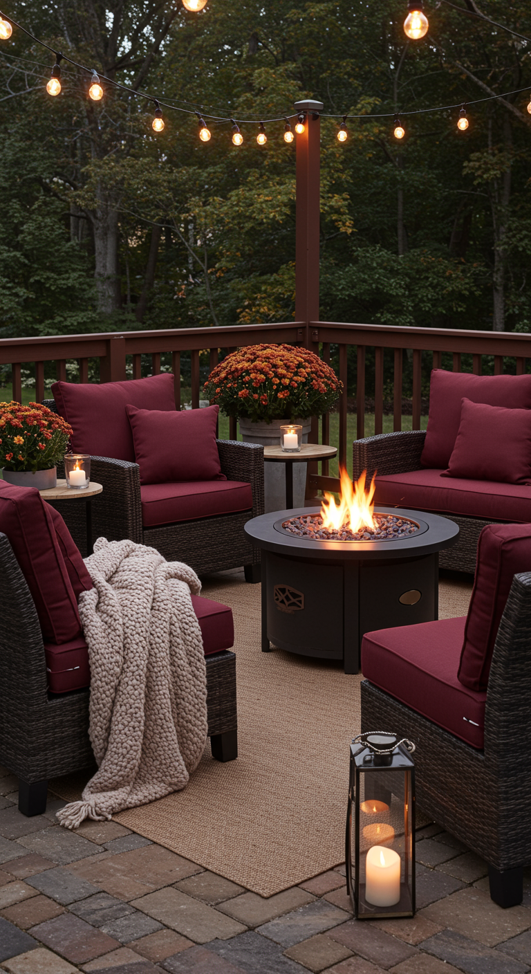 Gemütliche Terrasse mit Feuerschale, Sitzmöbeln, Kissen und Lichterketten.