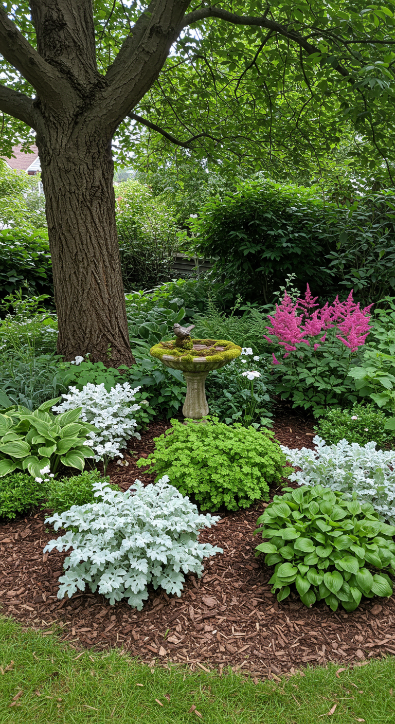 Schattige Gartenecke mit bemooster Vogeltränke, umgeben von Funkien und anderen Stauden.