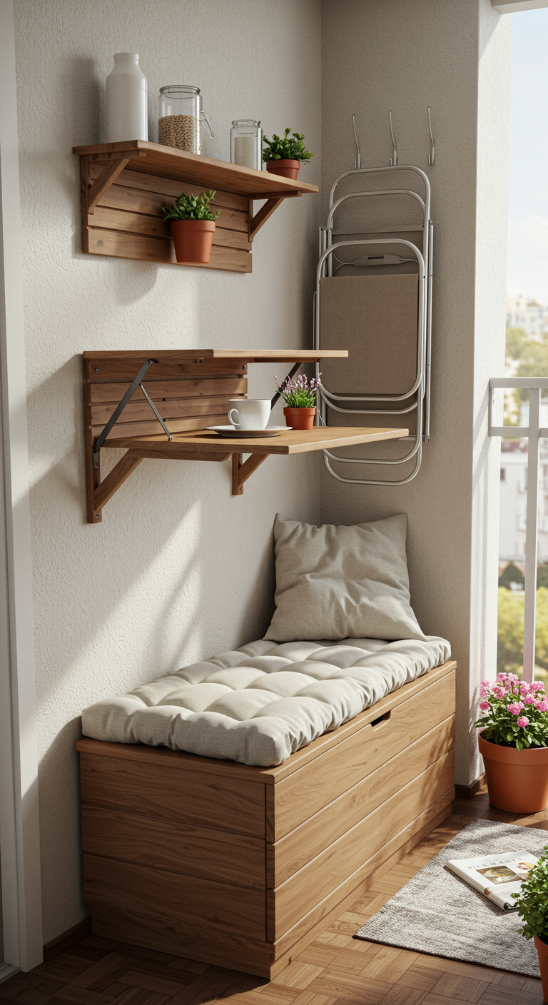 Kleiner Balkon mit Stauraumbank, Wandklapptisch und an der Wand hängenden Klappstühlen.