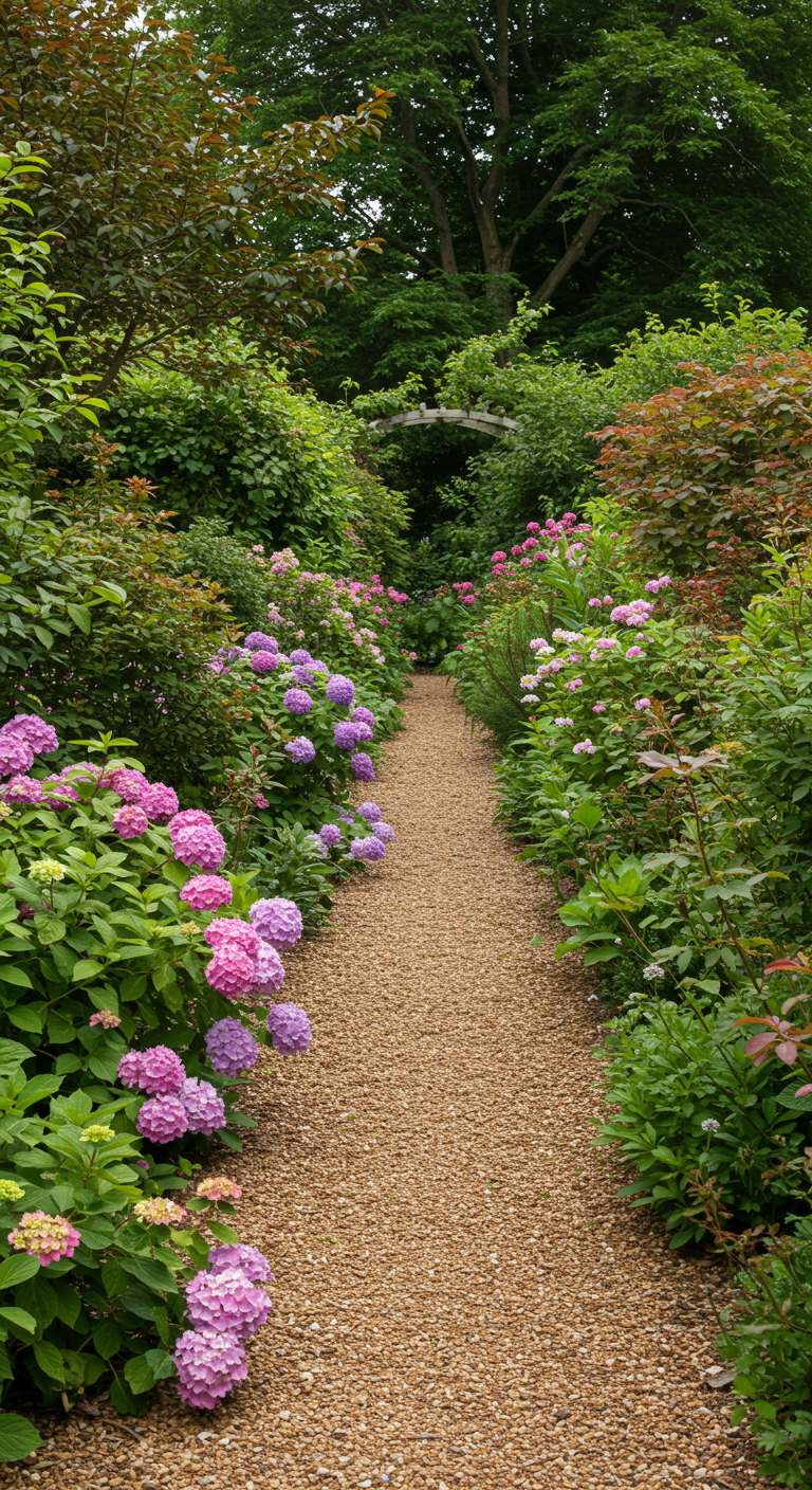 Gartenweg gesäumt von üppig blühenden rosa und lila Hortensien.
