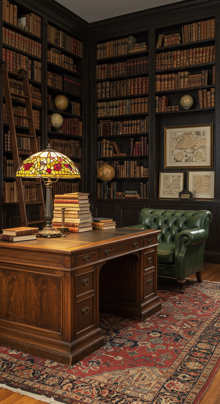 Sehr dunkles, elegantes Arbeitszimmer mit deckenhohen Bücherregalen und schwerem Holzschreibtisch.