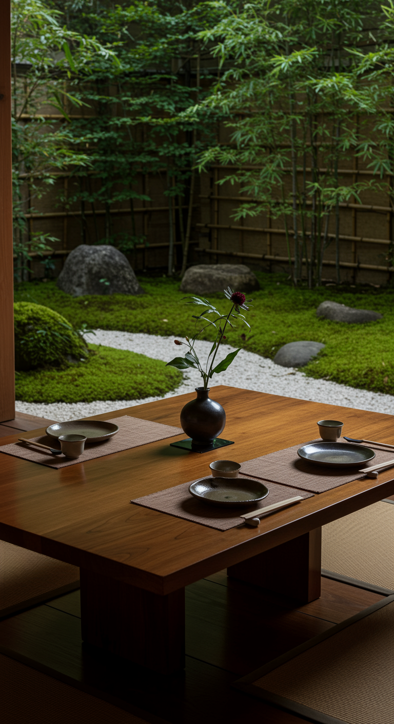 Niedriger Holztisch mit minimalistischem Gedeck und einer einzelnen Blume in einem japanischen Garten.