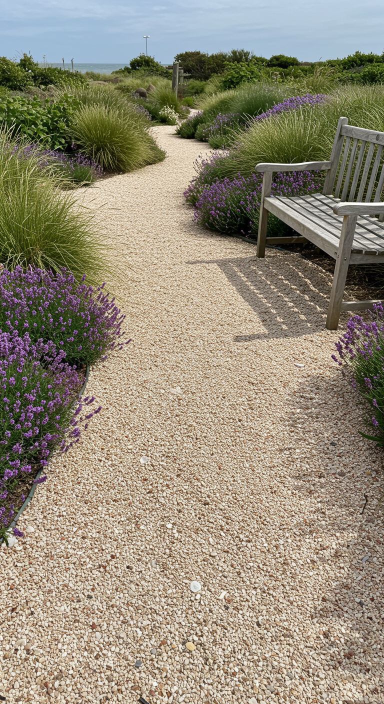 Breiter, geschwungener Kiesweg, gesäumt von Lavendel und Gräsern, mit Holzbank.