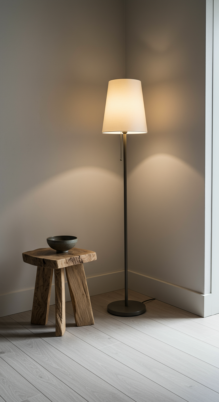 Minimalistische Flurecke mit Stehlampe und kleinem Holzhocker.
