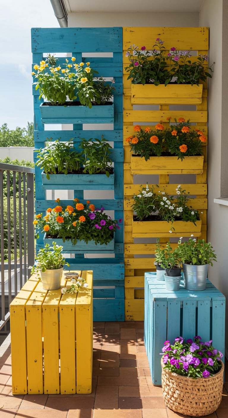 Zwei bunt lackierte Europaletten (blau und gelb) als vertikaler Garten und Sichtschutz.