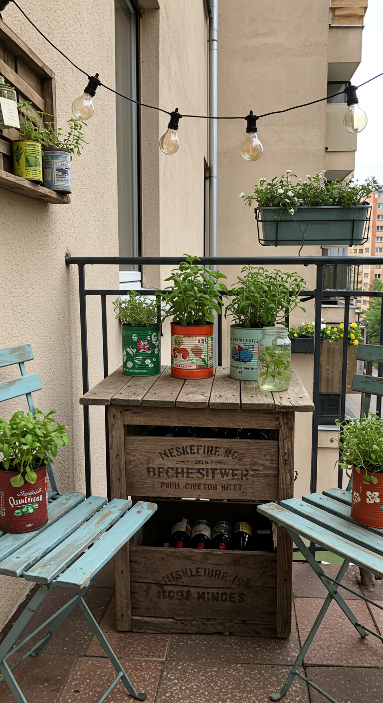 Upcycling-Balkon mit Tisch aus Weinkiste, Vintage-Stühlen und Pflanzen in Dosen.