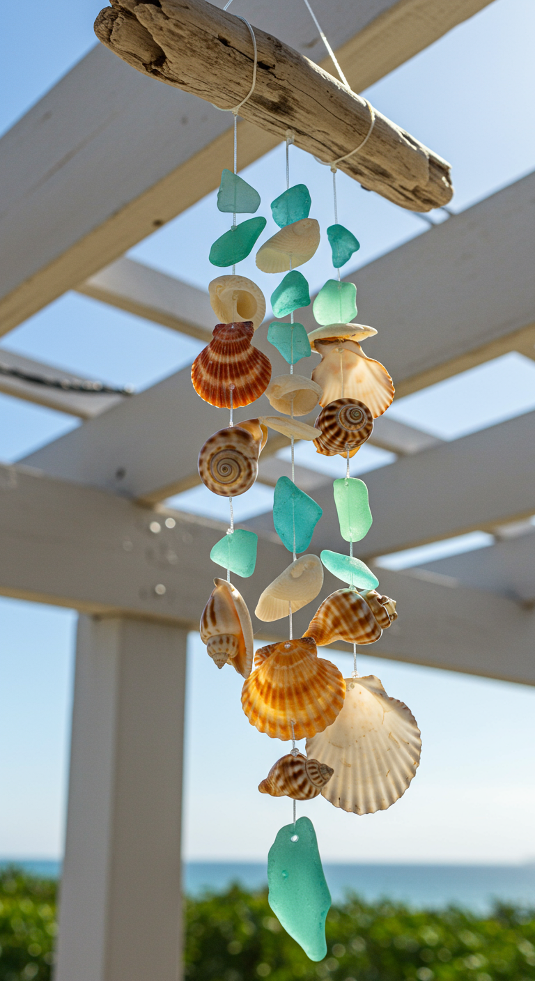 Windspiel aus Muscheln, Schneckenhäusern und blauem Strandglas hängt an einem Treibholzstück