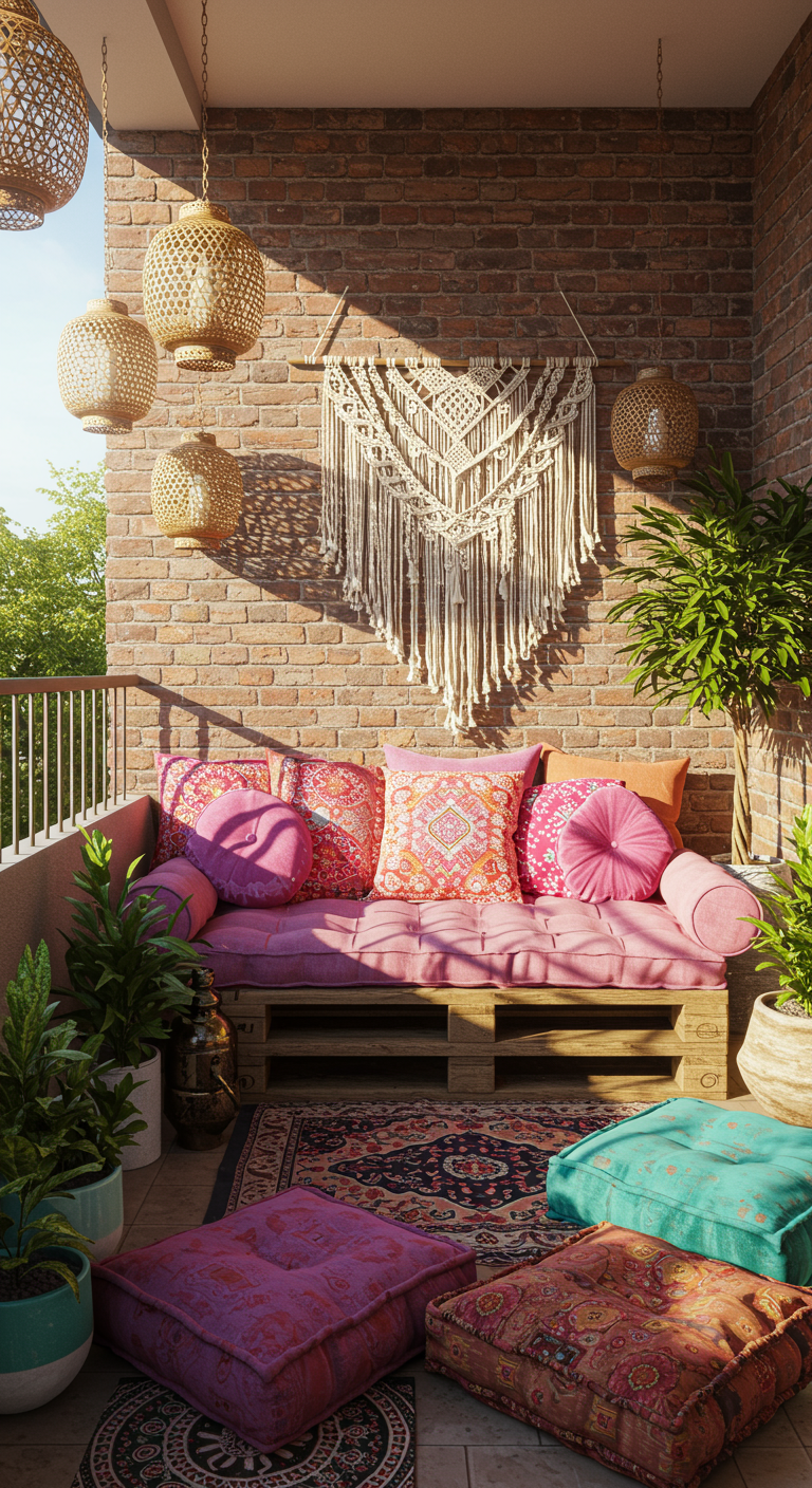 Boho-Balkon mit Palettensofa, bunten Kissen, Makramee und Rattanlampen.