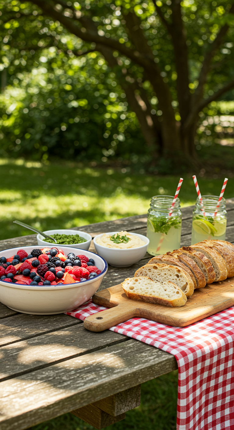 Schüssel mit frischem Beerensalat und Brot auf einem Gartentisch.