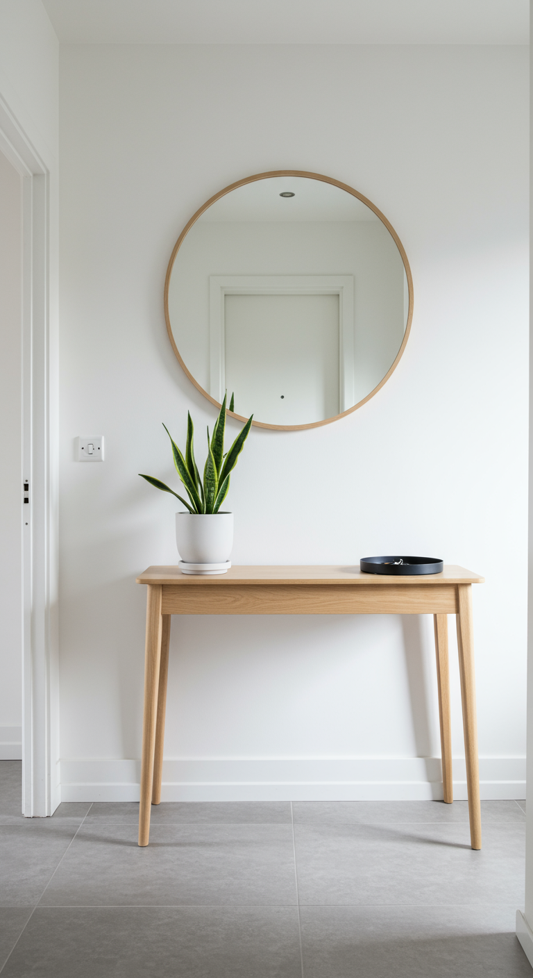 Heller Holz-Konsolentisch mit rundem Spiegel und Pflanze im minimalistischen Flur.
