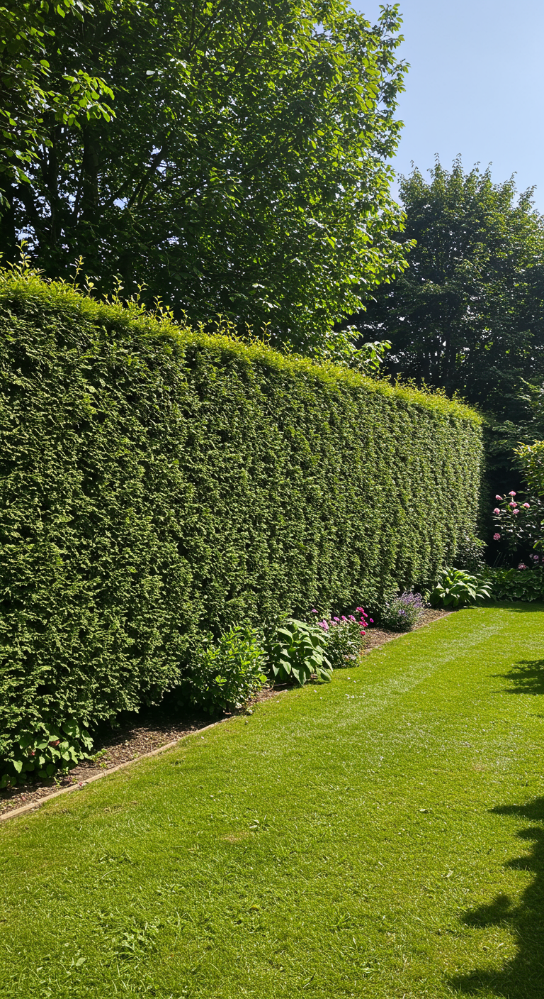 Dichte, perfekt geschnittene grüne Hecke neben einem Rasen.