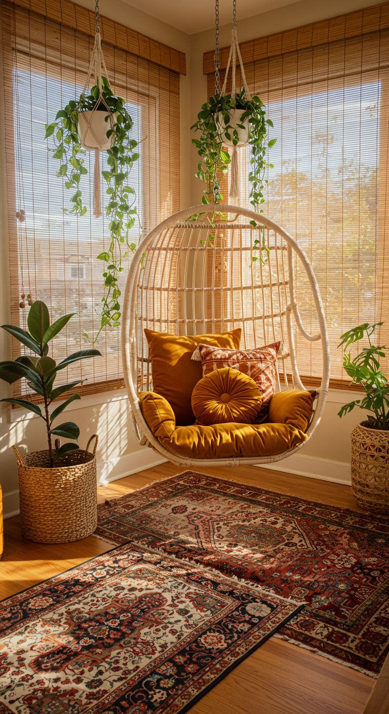 Heller Wohnzimmerbereich mit Rattanhängesessel, Pflanzen und Teppichen.