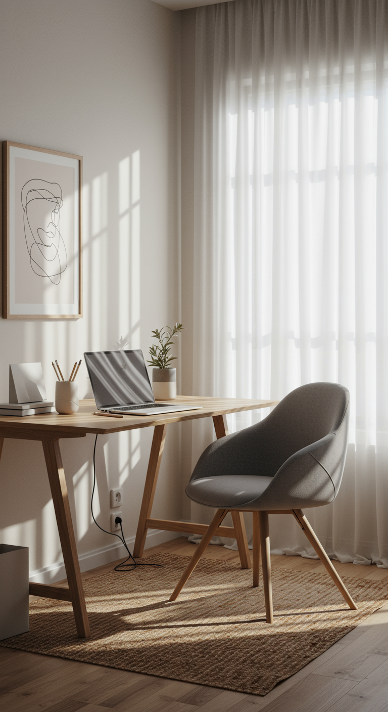 Minimalistischer Schreibtisch mit Laptop, Pflanze und Stiftehalter vor hellem Fenster.