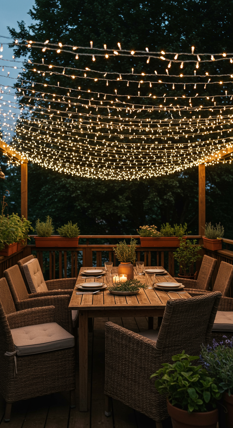 Lichterketten hängen über einem gedeckten Holztisch auf einer Terrasse.
