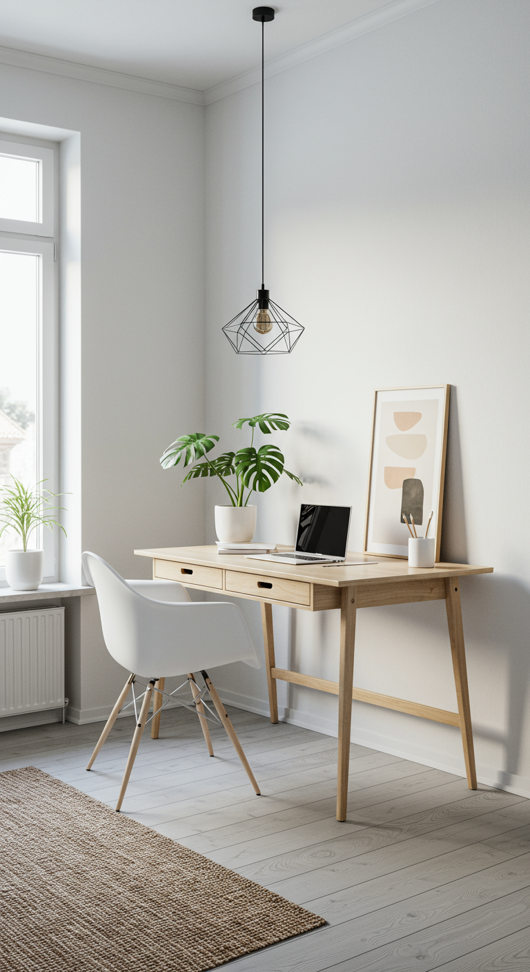 Heller, minimalistischer Home-Office-Arbeitsplatz am Fenster mit Holzschreibtisch und Pflanze.