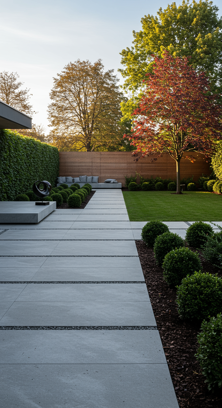 Moderner Gartenweg aus Betonplatten neben Rasen und Buchsbaumkugeln