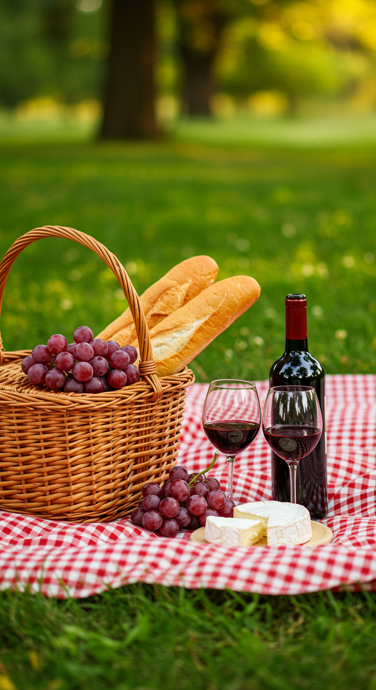 Picknickkorb mit Baguette, Trauben, Käse und Rotwein auf rot-weiß karierter Decke im Gras.
