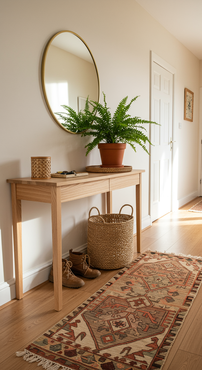 Heller Holz-Konsolentisch mit rundem Spiegel, Pflanze und Korb im Boho-Flur.