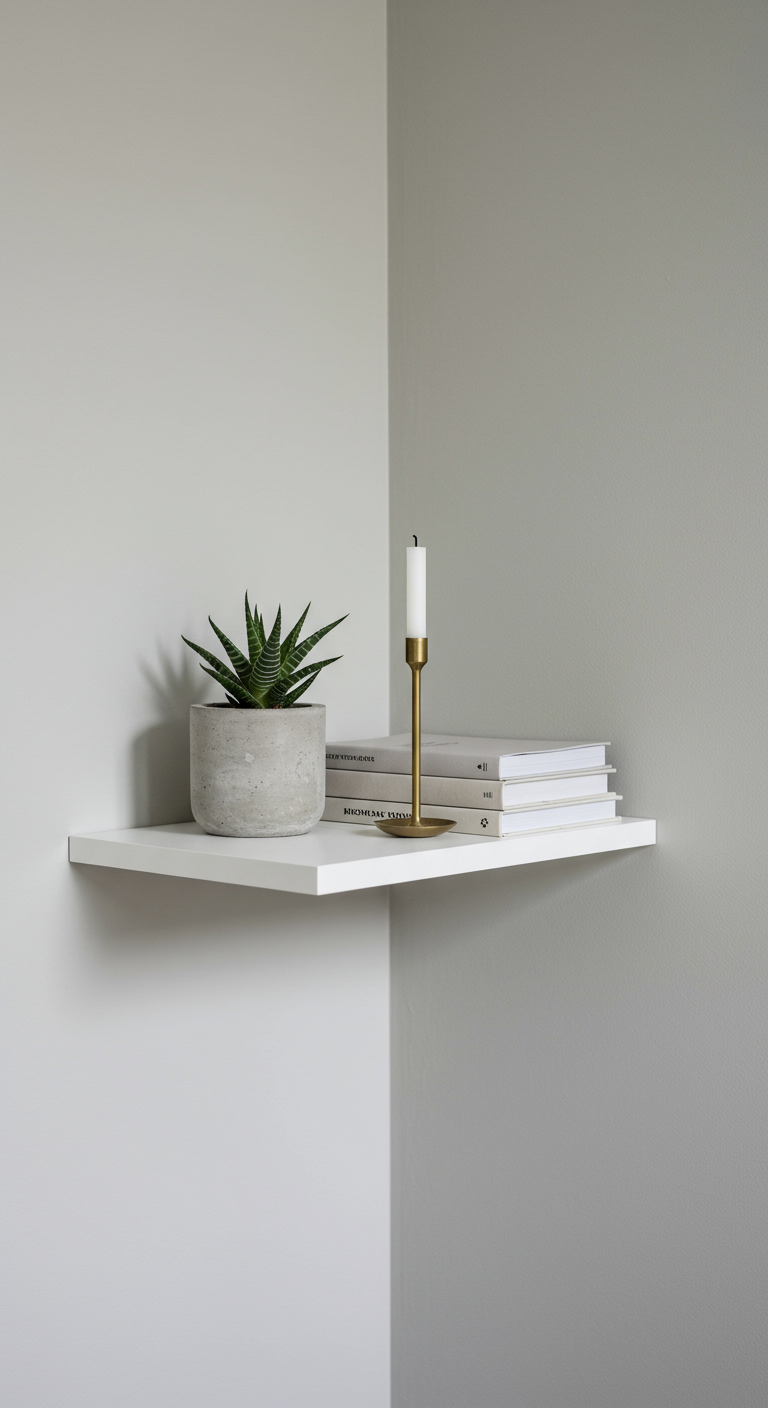 Minimalistisches weißes Eckregal mit Pflanze, Büchern und Kerzenhalter.