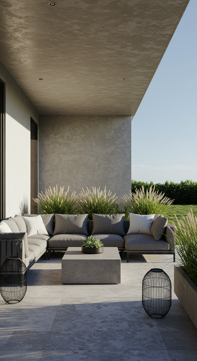 Moderne Terrasse mit großem grauen L-Sofa, Betontisch und Gräsern im Hintergrund.