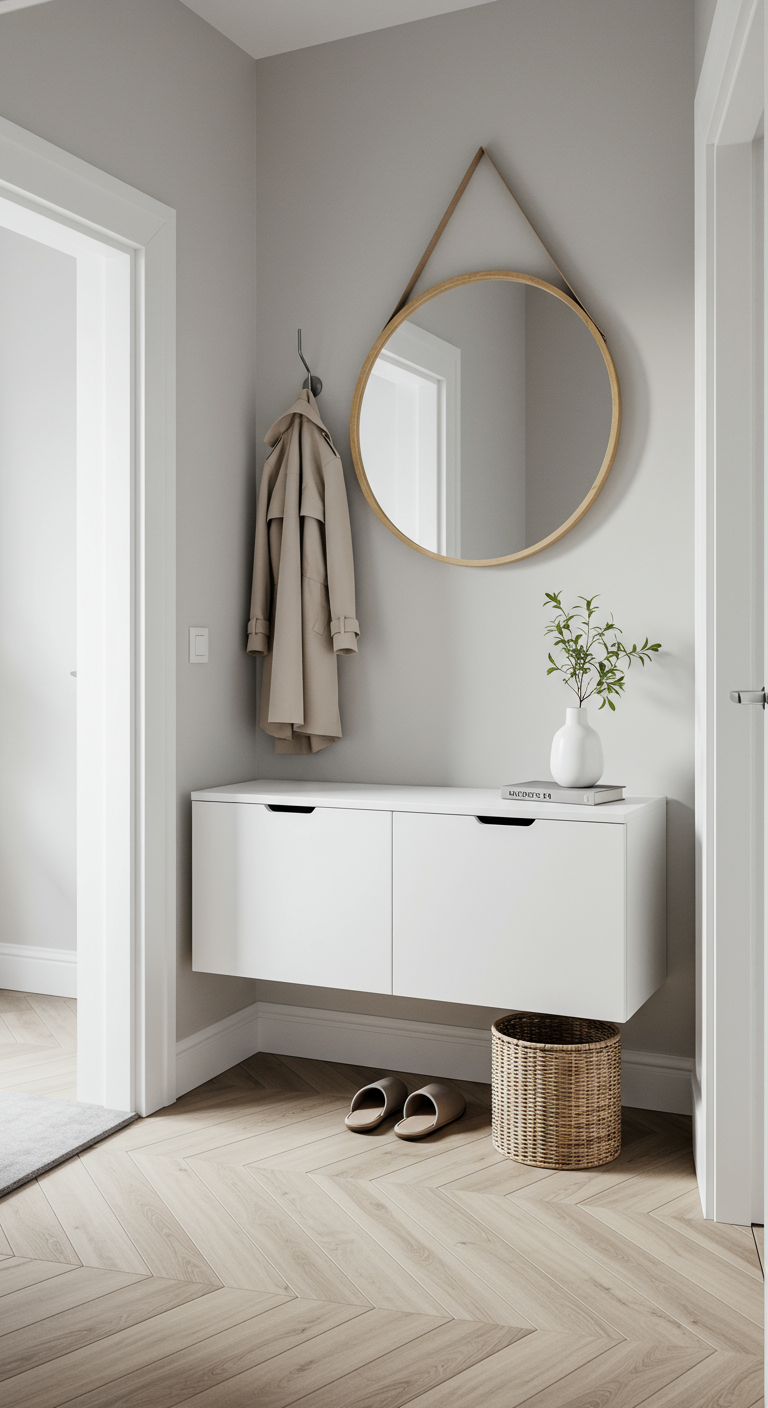 Modernes, weißes, wandhängendes Sideboard im Flur unter einem runden Spiegel.