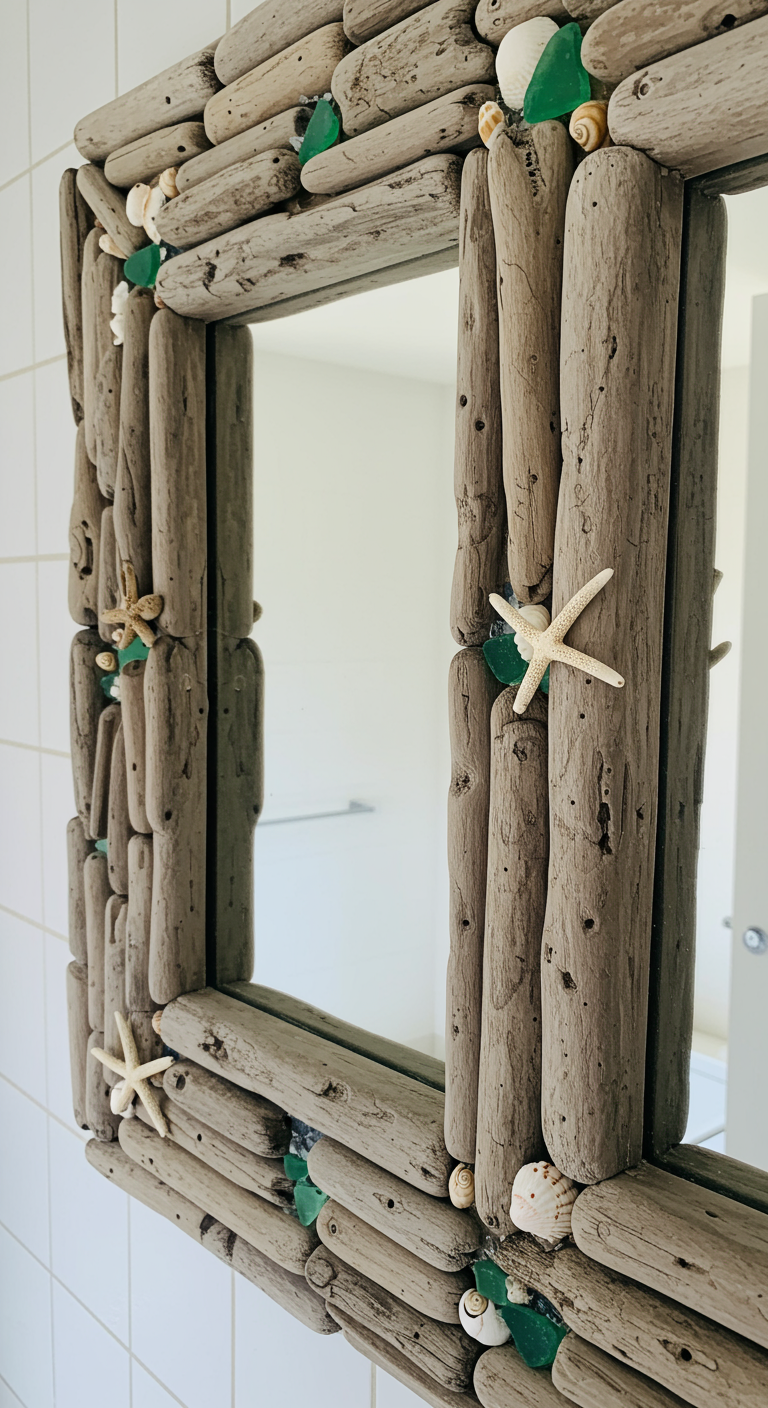 DIY Spiegel mit Treibholzrahmen, Muscheln und Seeglas.