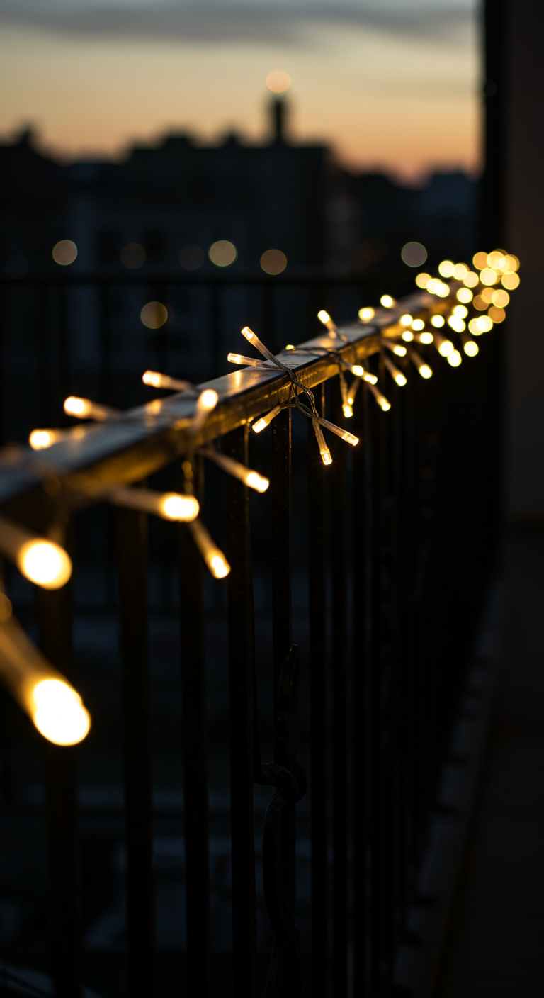 Warmweiße Lichterkette an einem dunklen Balkongeländer bei Nacht.
