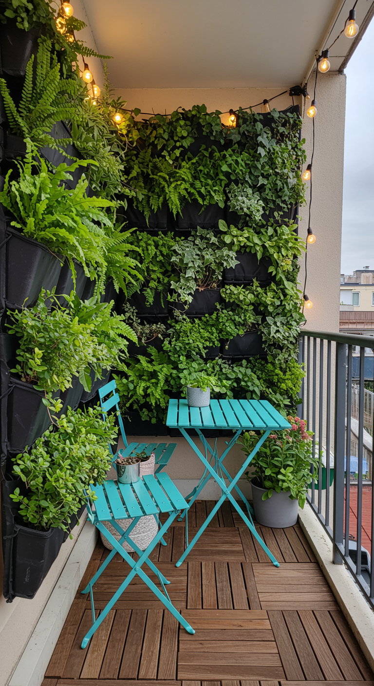 Kleiner Balkon mit vertikaler Pflanzenwand, türkisen Möbeln und Lichterkette.