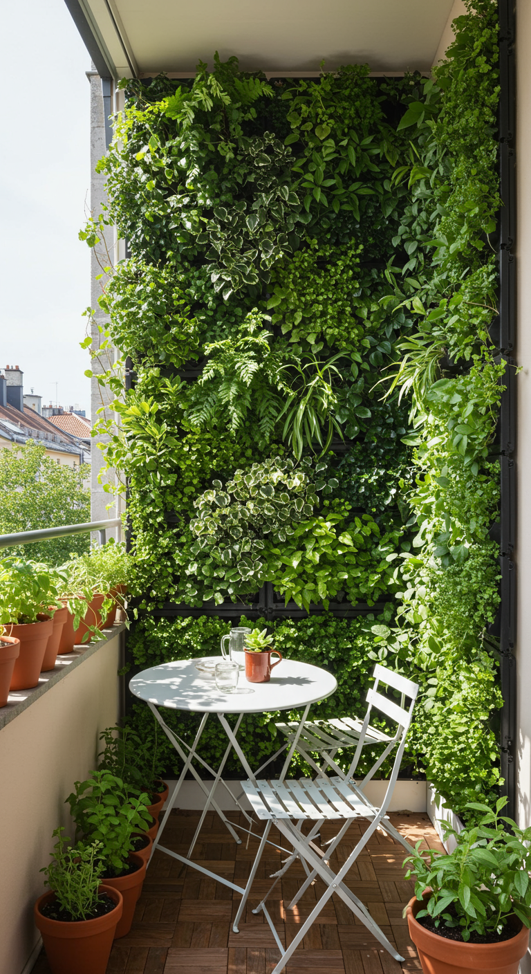 Üppige vertikale Pflanzenwand auf einem kleinen Balkon mit weißem Bistro-Set.