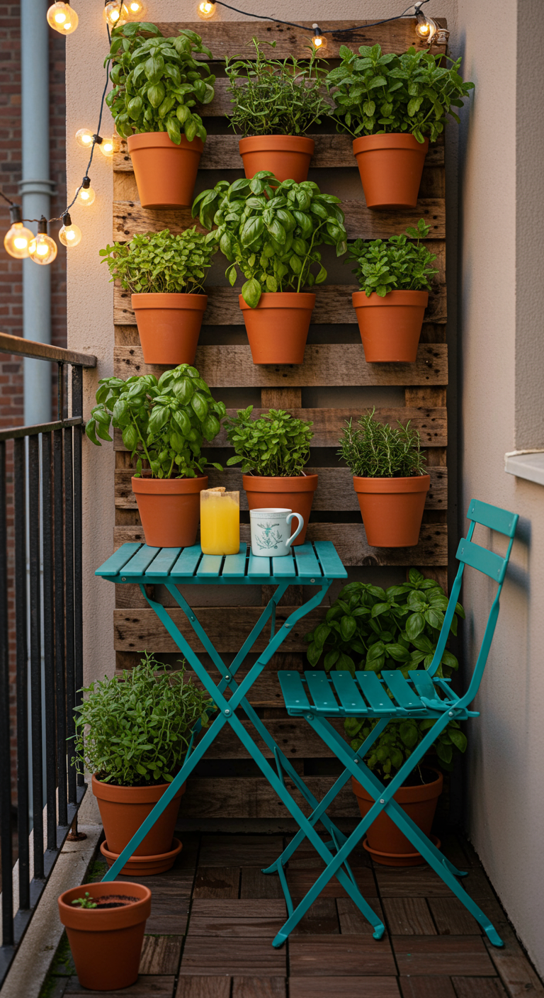 Vertikaler Palettengarten mit Kräutern in Terrakotta-Töpfen und türkisfarbenem Bistroset.