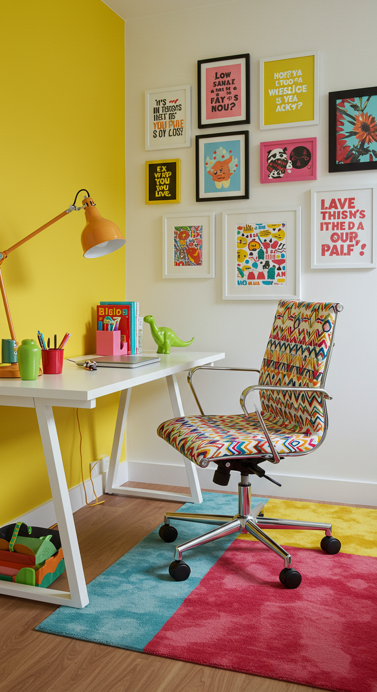Farbenfrohes Home Office mit gelber Wand, buntem Stuhl und vielen Bildern.