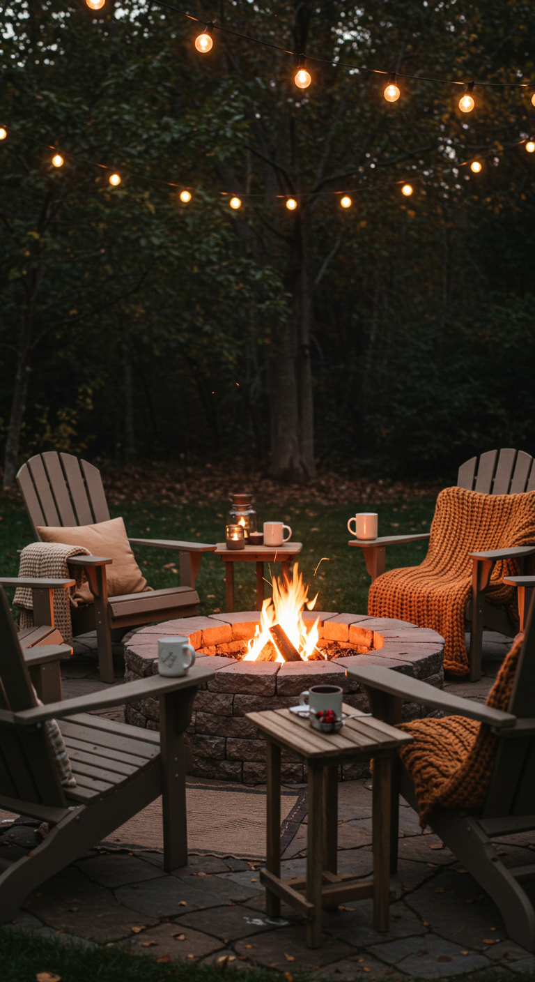 Adirondack-Stühle um eine Feuerstelle mit Decken, Kissen und Tassen bei Nacht, Lichterkette im Hintergrund.