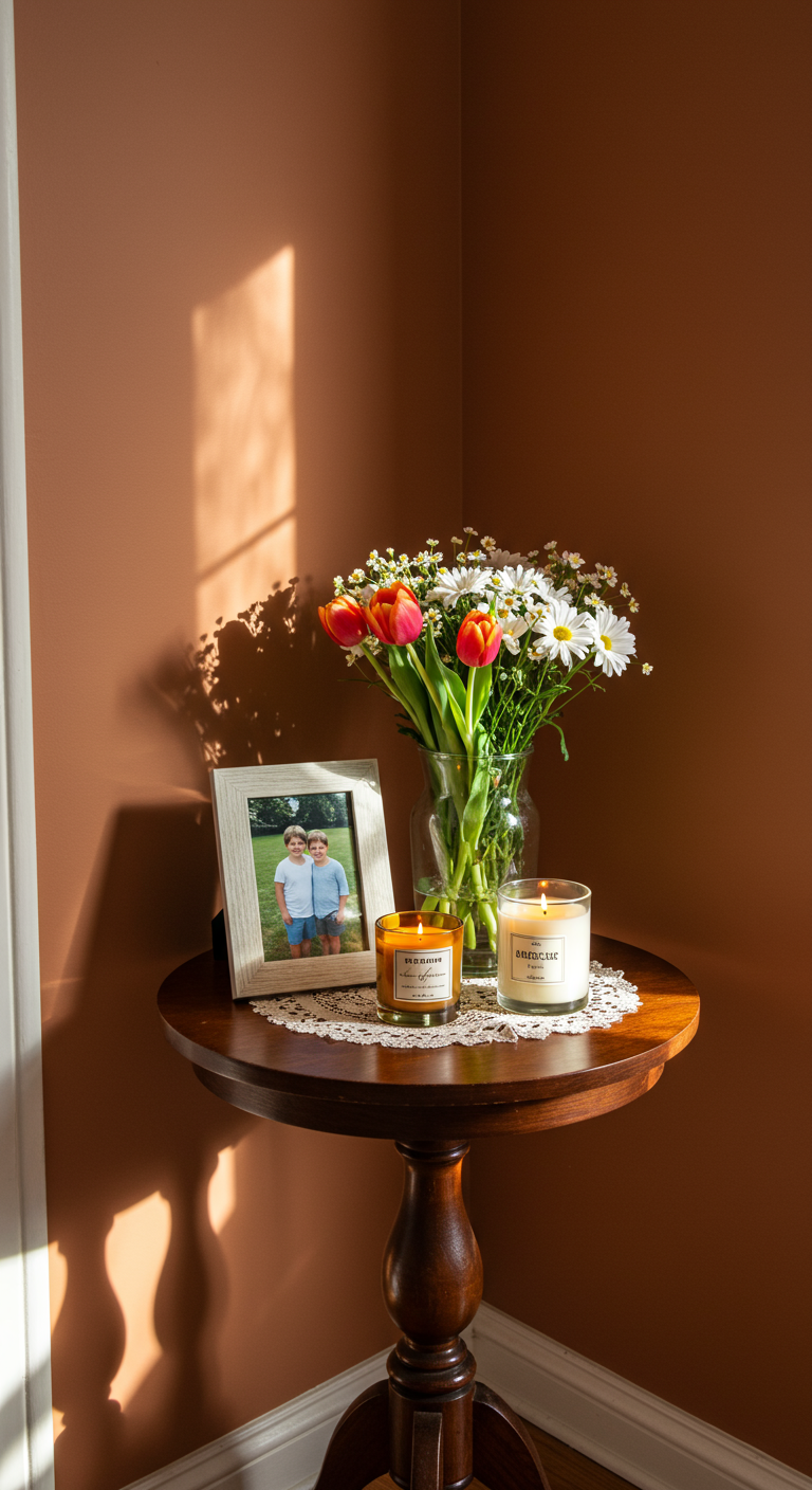 Ecke im Flur mit kleinem Holztisch, Foto, Blumen und Kerzen
