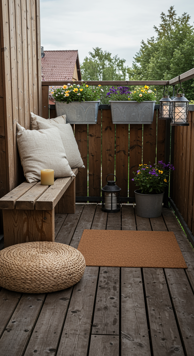 Rustikaler Balkon mit Holzboden, Holzbank, Zinkgefäßen und Laternen.