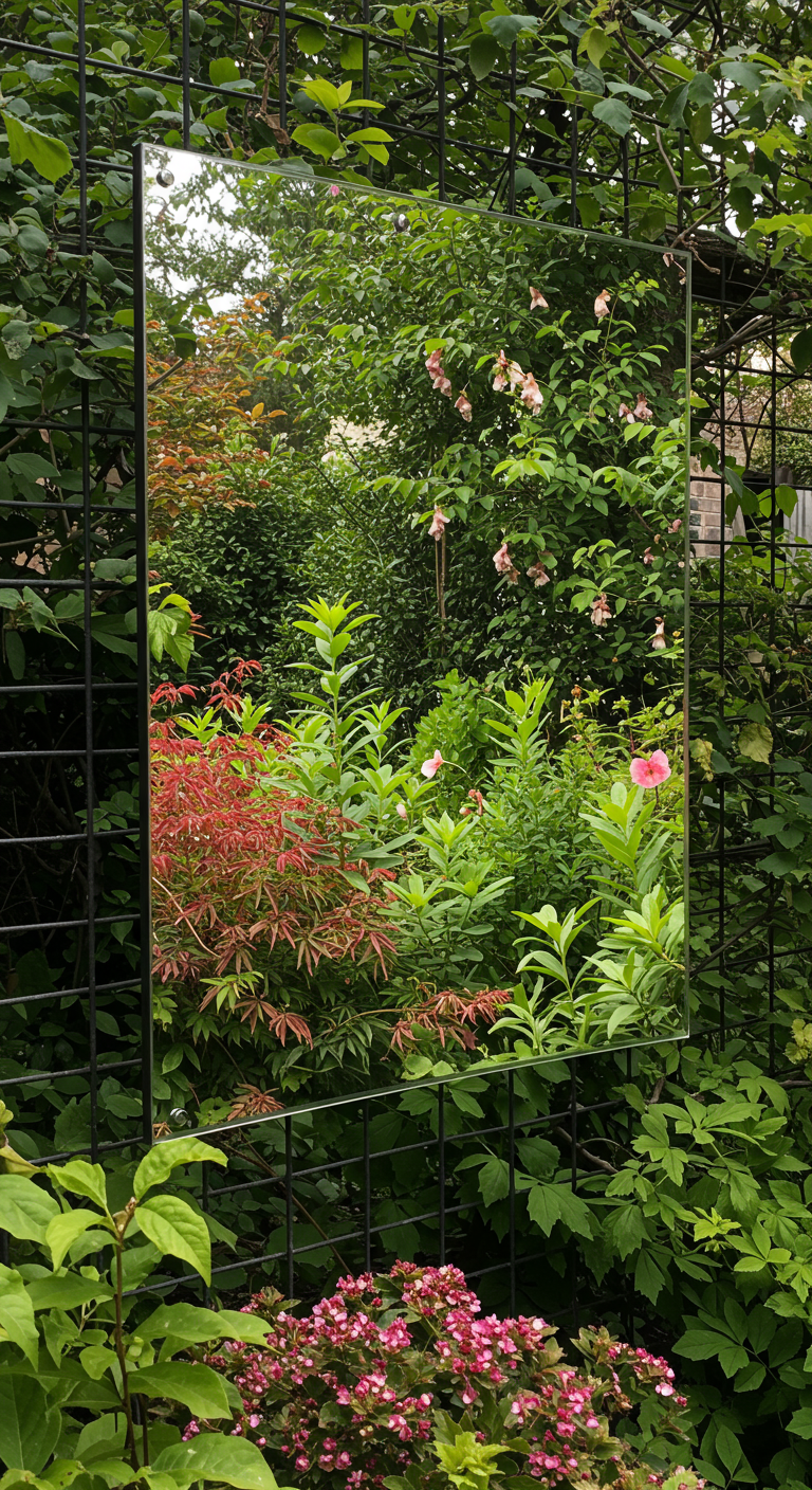 Großer Spiegel an einem schwarzen Gitterzaun reflektiert üppiges Gartengrün.