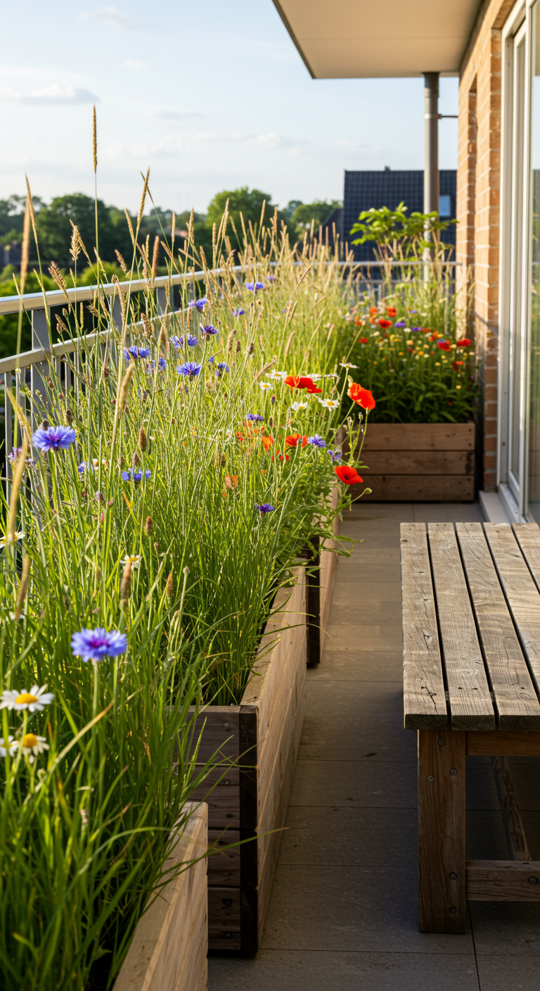 Lange Holzkästen auf einem Balkon, bepflanzt mit einer Mischung aus Wildblumen und Gräsern.