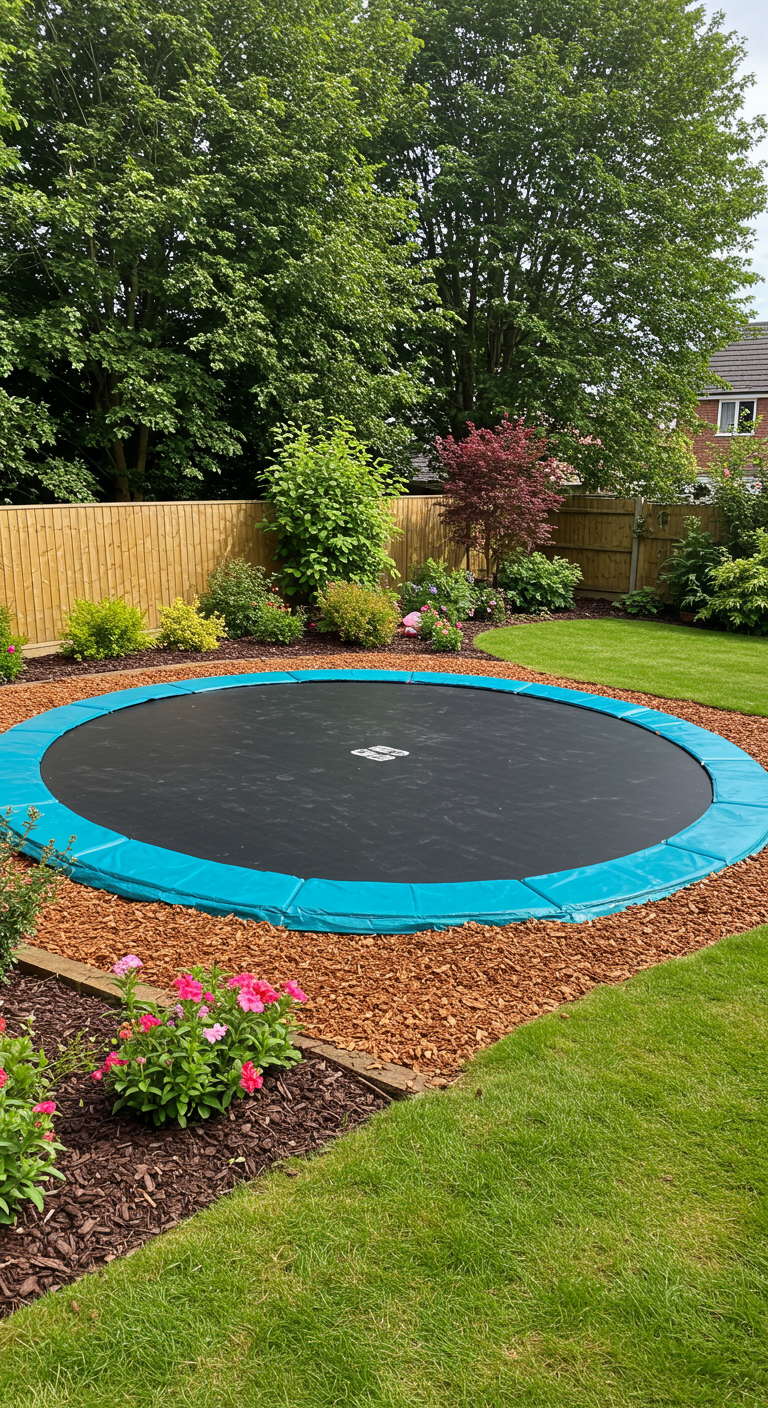 Rundes Bodentrampolin, ebenerdig in den Rasen eingelassen, umgeben von Rindenmulch und Beeten.
