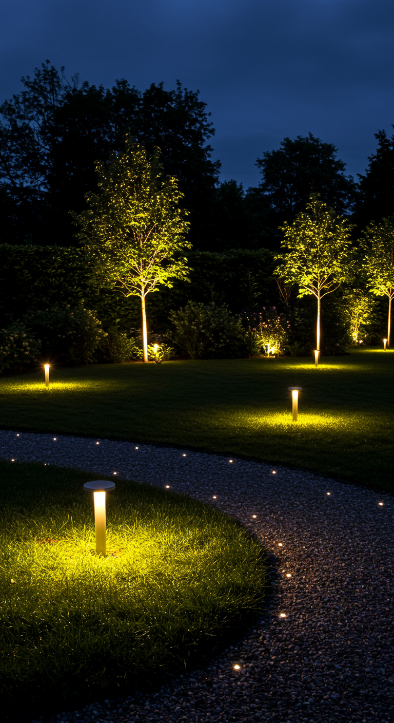 Beleuchteter Kiesweg im Garten mit Bodenstrahlern und Pollerleuchten bei Nacht