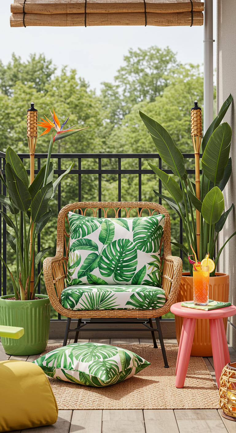 Balkon im Tropical-Look mit Rattansessel, Monstera-Kissen, großen Pflanzen und Fackeln.