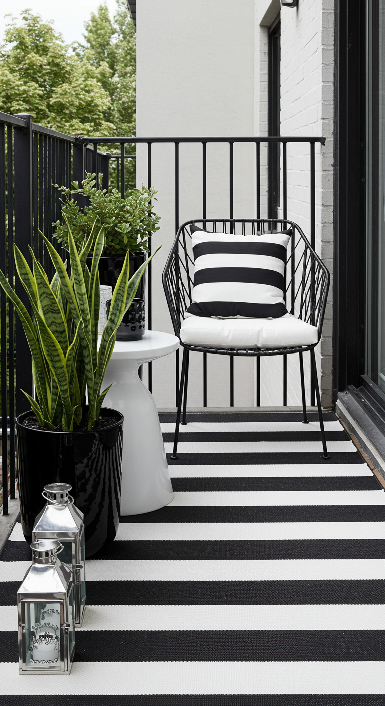 Moderner Balkon in Schwarz-Weiß mit Metallsessel, gestreiftem Teppich und schwarzen Pflanztöpfen.