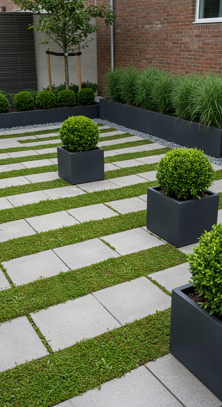 Moderner Garten mit Betonplatten, begrünten Fugen und Buchsbaumkugeln in dunklen Kübeln.