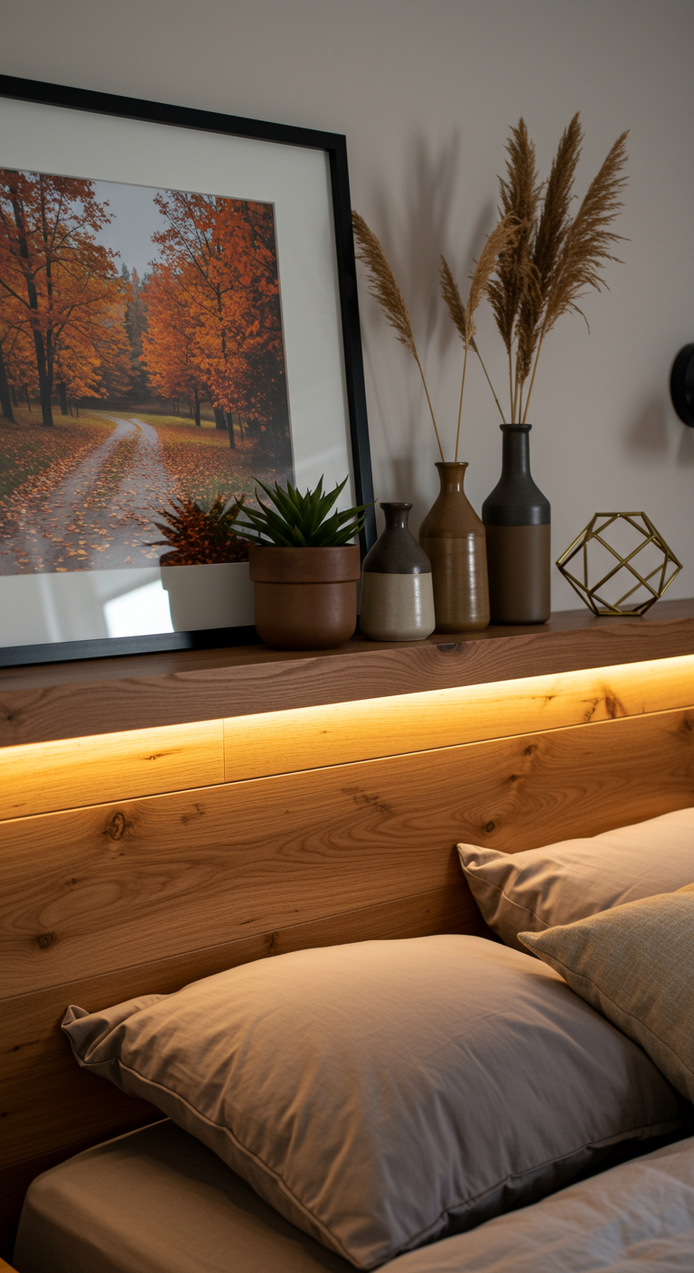Schlafzimmer-Detail mit einem gerahmten Herbstwaldbild über dem Bett und passender Deko.
