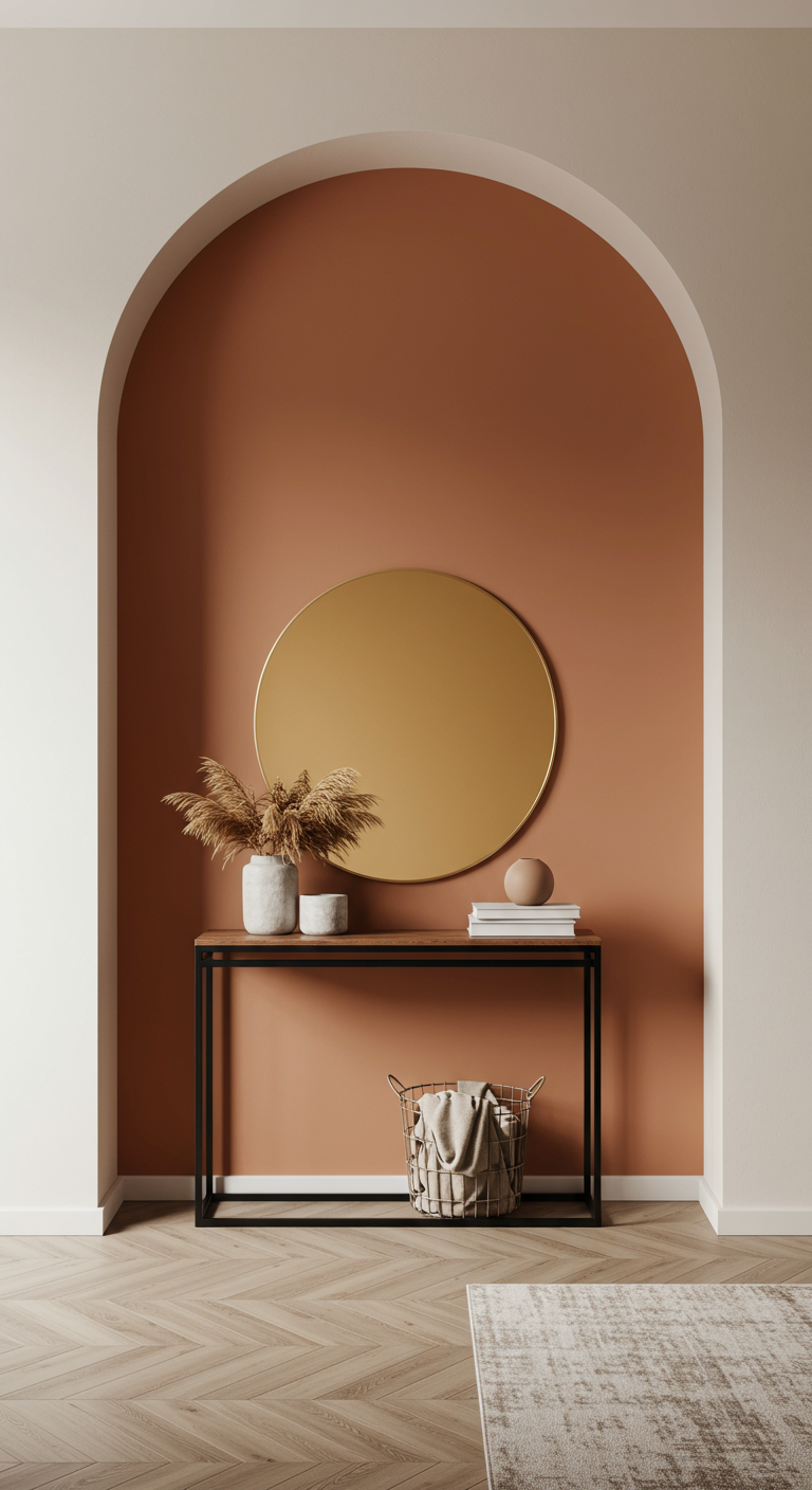 Wandnische mit schmaler Konsole, rundem Spiegel und Vase.