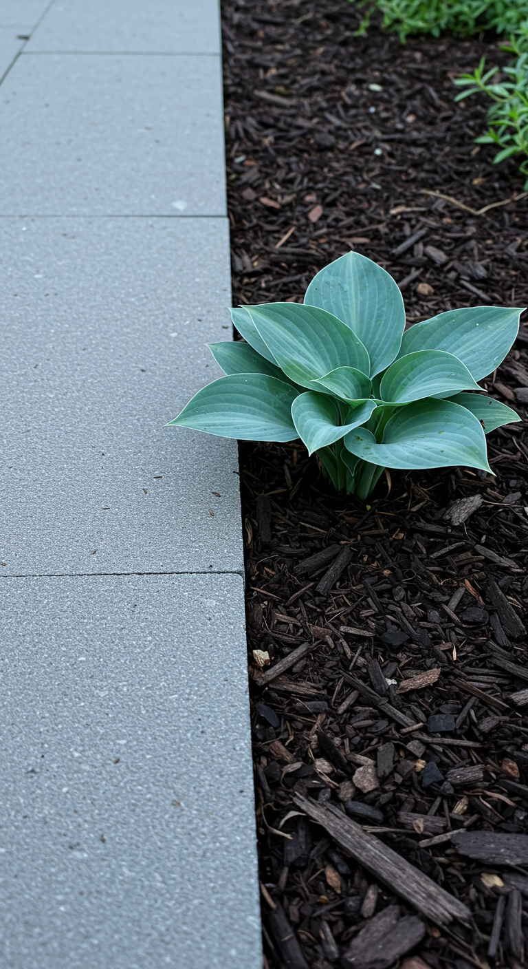 Hosta-Pflanze neben Betonplattenweg und dunklem Rindenmulch
