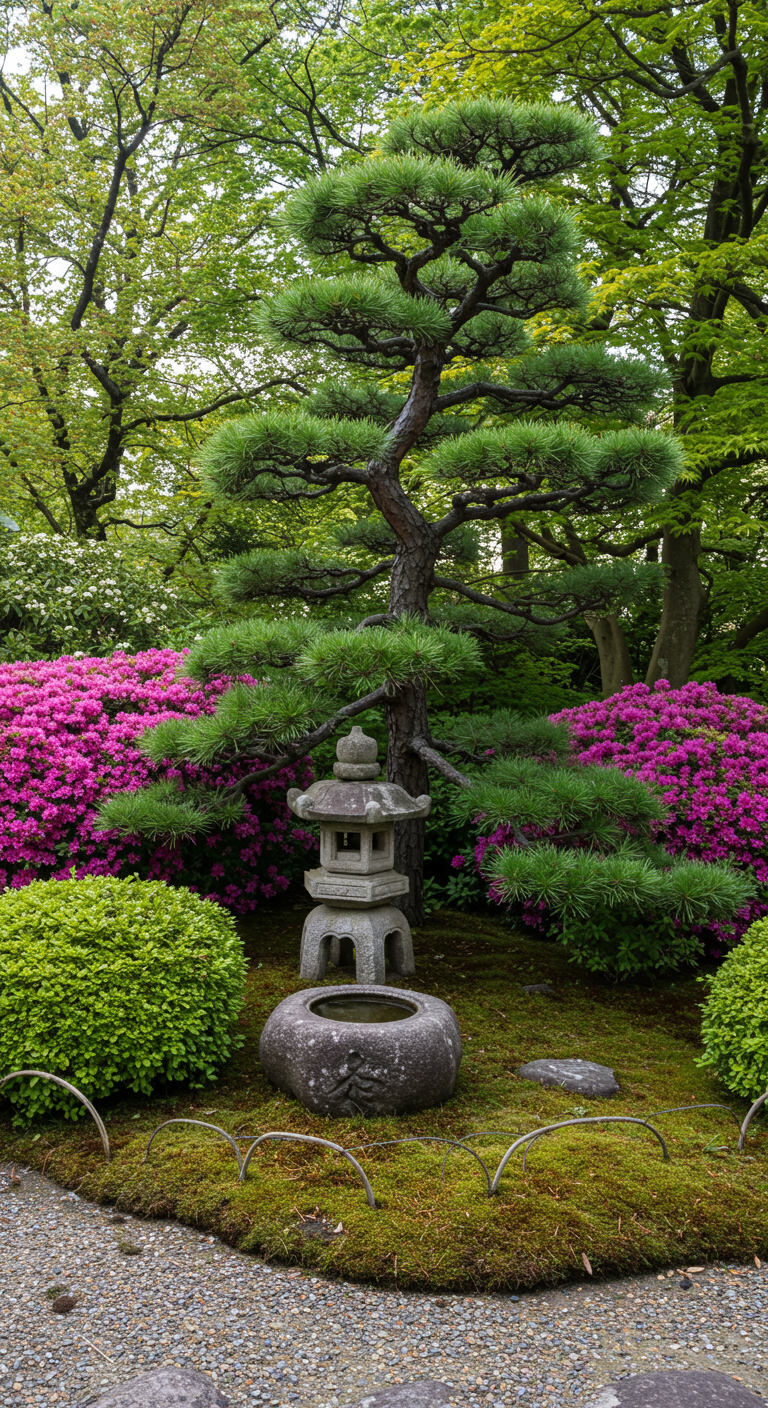 Japanischer Garten mit kunstvoll geschnittener Kiefer, Azaleen und Steinlaterne.