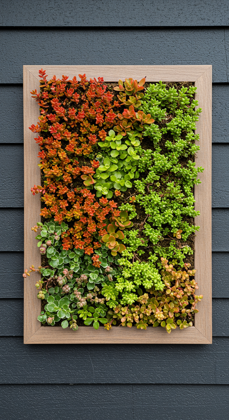 Holz-Bilderrahmen an einer dunklen Wand, bepflanzt mit bunten Sukkulenten.